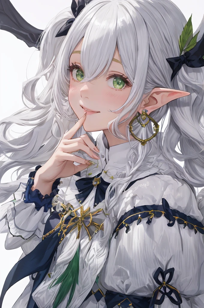 1girl, {{{frieren,o3o }}}, sousou no frieren, tone, shadow, hidari_(left_side), wada arco, hiro_(dismaless), shirabi, dynamic angle, kiss, blowing kiss, earrings, elf, green eyes, jewelry, long hair, looking at viewer, pointy ears, smile, twintails, upper body, white hair, white background, best quality, amazing quality, very aesthetic, absurdres