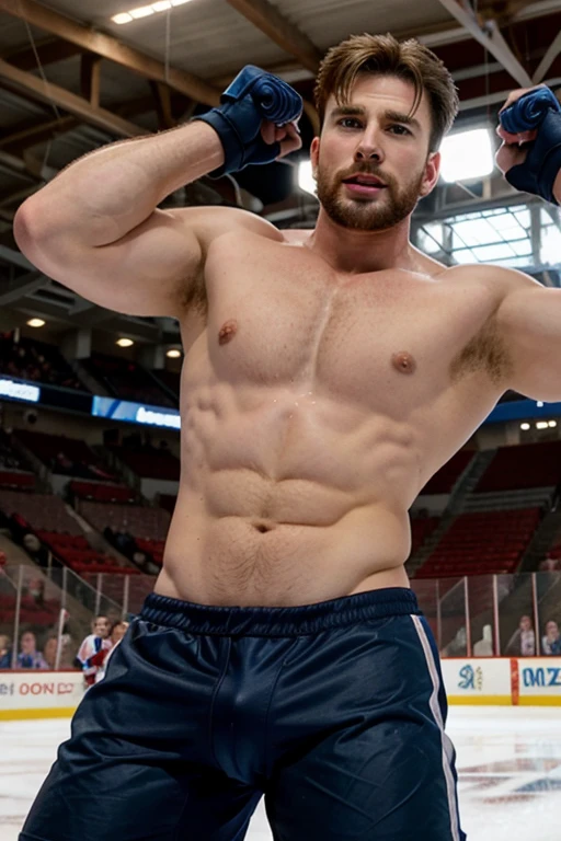 chris evans is a ice hockey player, muscular body, massive bulge, he is in an ice rink