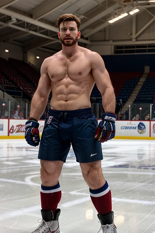 chris evans is a ice hockey player, muscular body, massive bulge, he is in an ice rink
