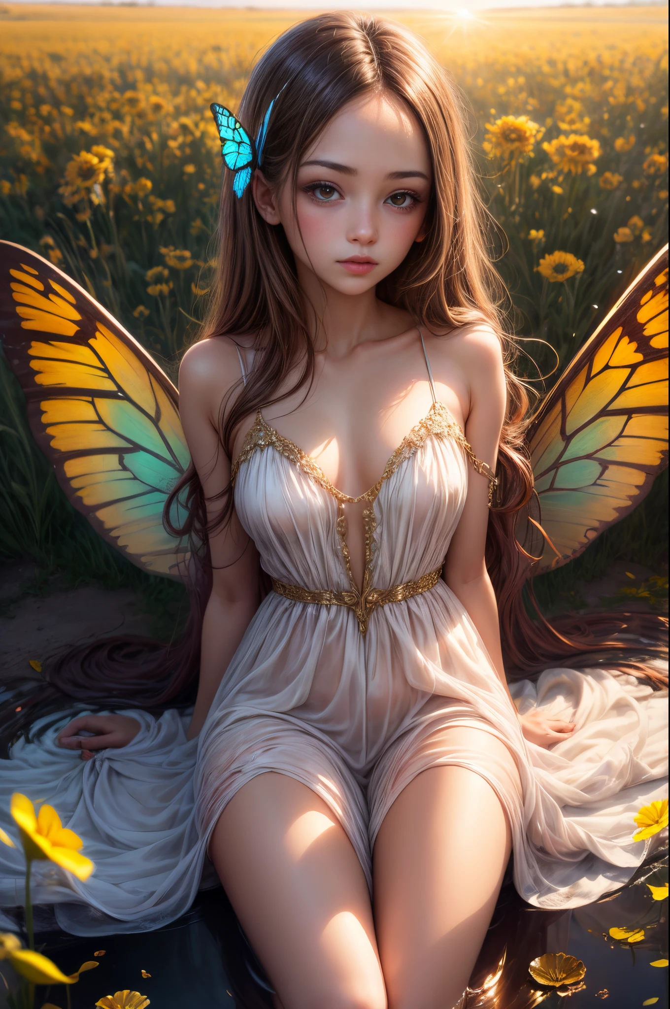 "((Innocent)) girl, golden hour, dreamy meadow, ethereal, whimsical, flowing dress, soft sunlight, enchanting, butterfly wings, (pastel clouds), liquid reflections