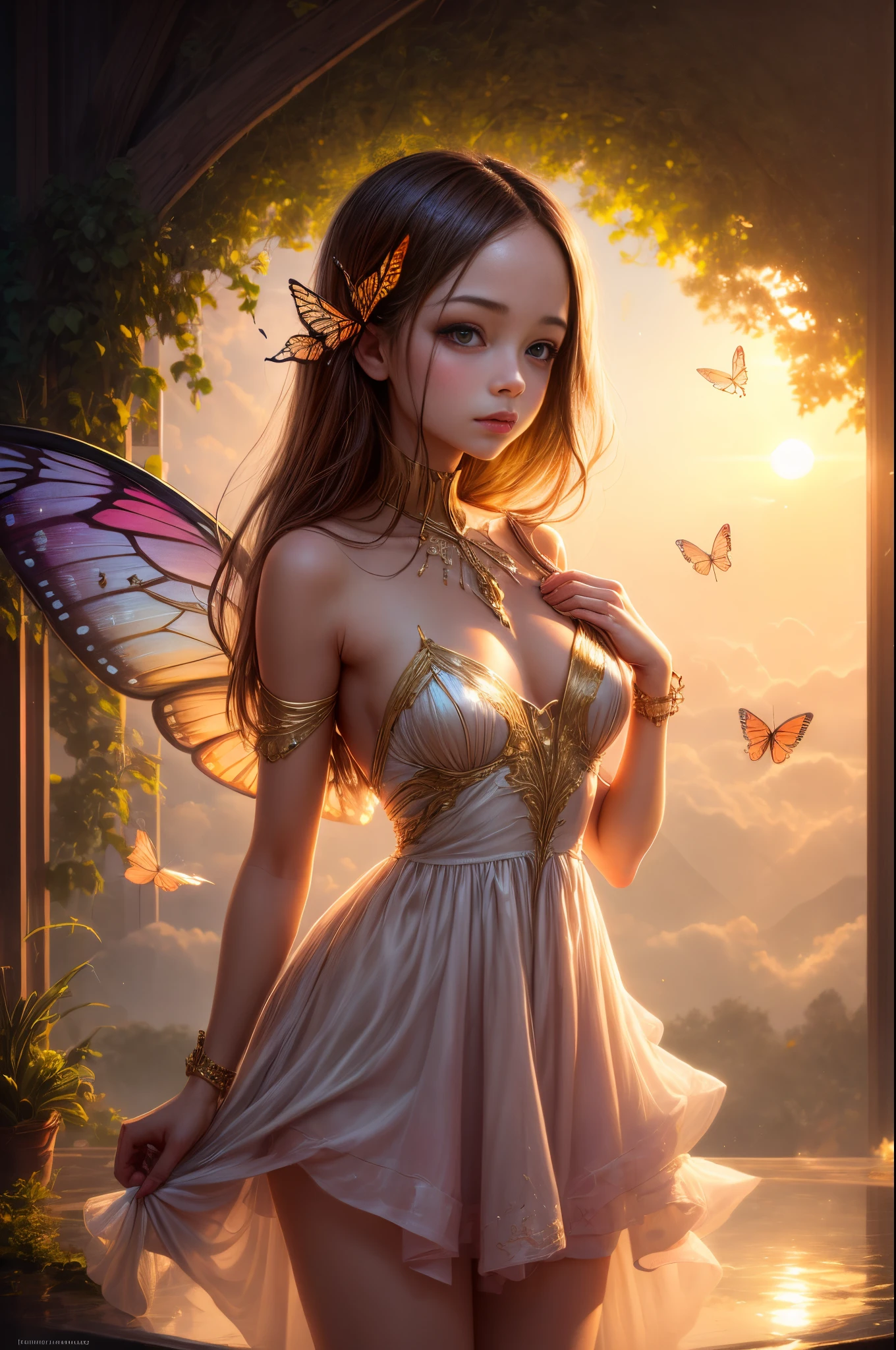 "((Innocent)) girl, golden hour, dreamy meadow, ethereal, whimsical, flowing dress, soft sunlight, enchanting, butterfly wings, (pastel clouds), liquid reflections