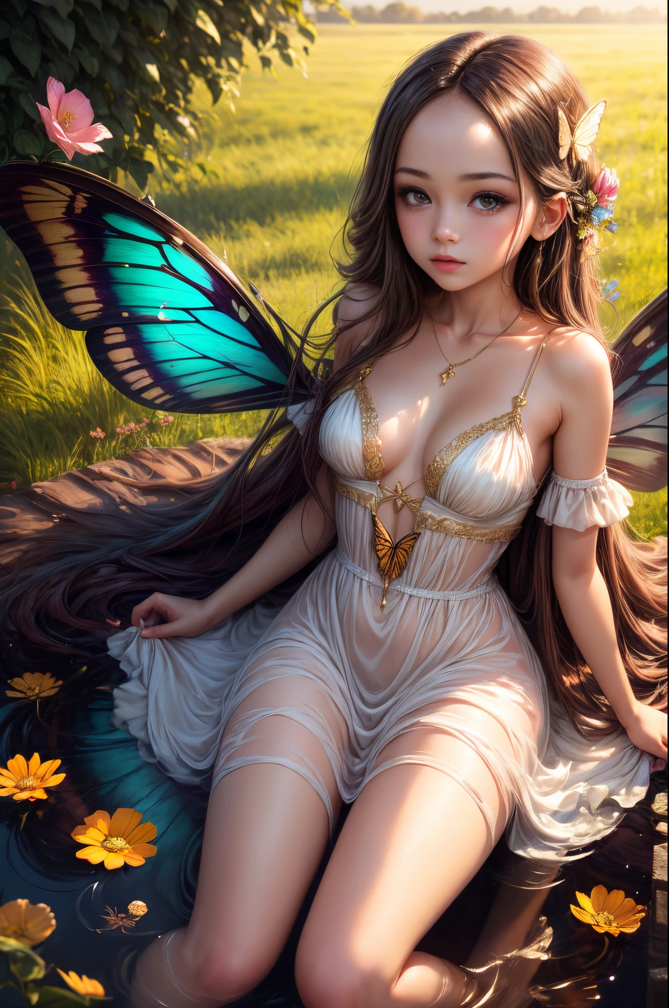 "((Innocent)) girl, golden hour, dreamy meadow, ethereal, whimsical, flowing dress, soft sunlight, enchanting, butterfly wings, (pastel clouds), liquid reflections