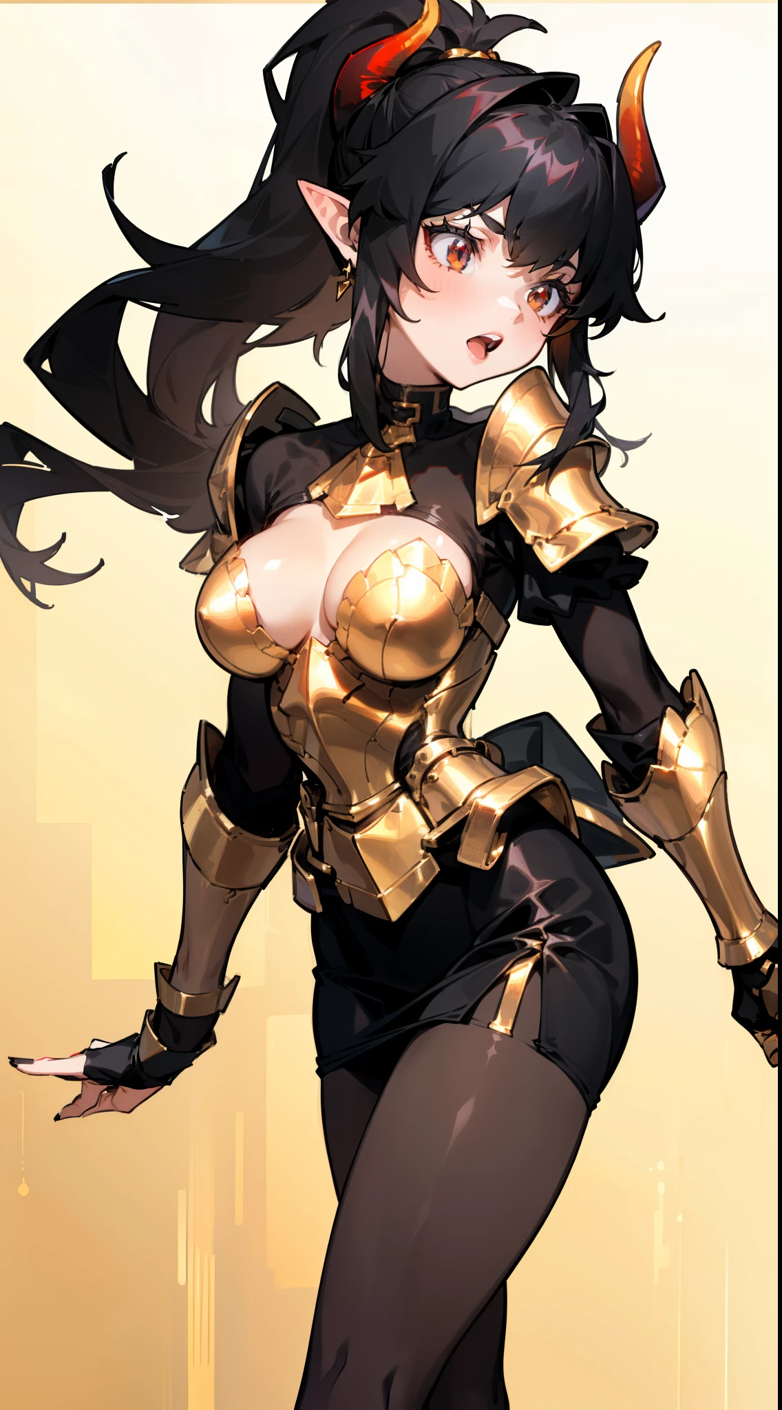 1girl ,20s,mature female,open mouth,(((black pantyhoses))),medium tits,black hair,((high ponytail)),long hair,red eyes,pointy ears,horns,black gloves,(cleavage),black pencil skirt,(((no background))),standing,(golden pauldron,golden gauntlets,golden shoulder armor,golden armor),