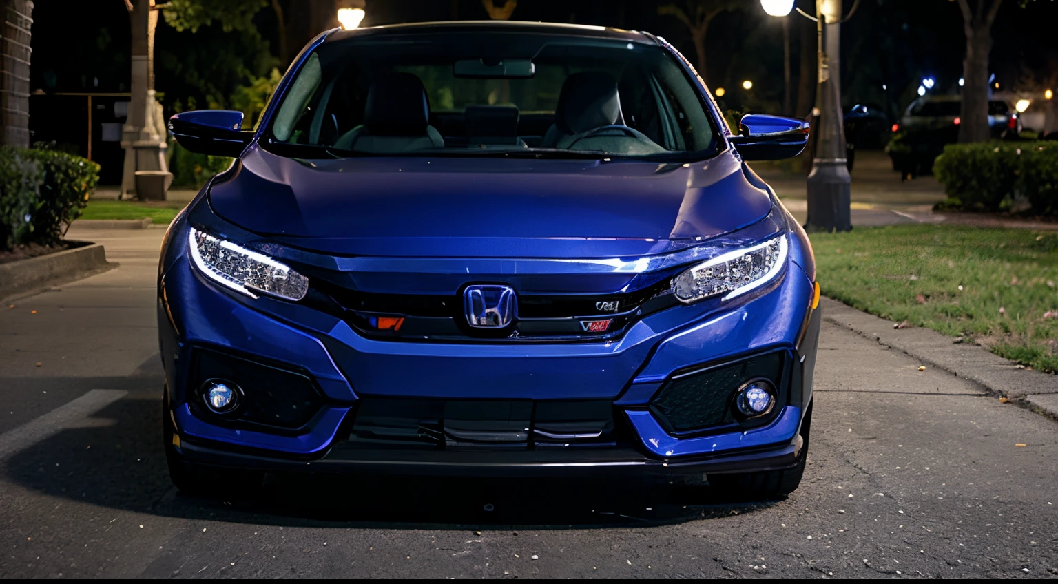 honda civic car stand from front full with glowing headlights