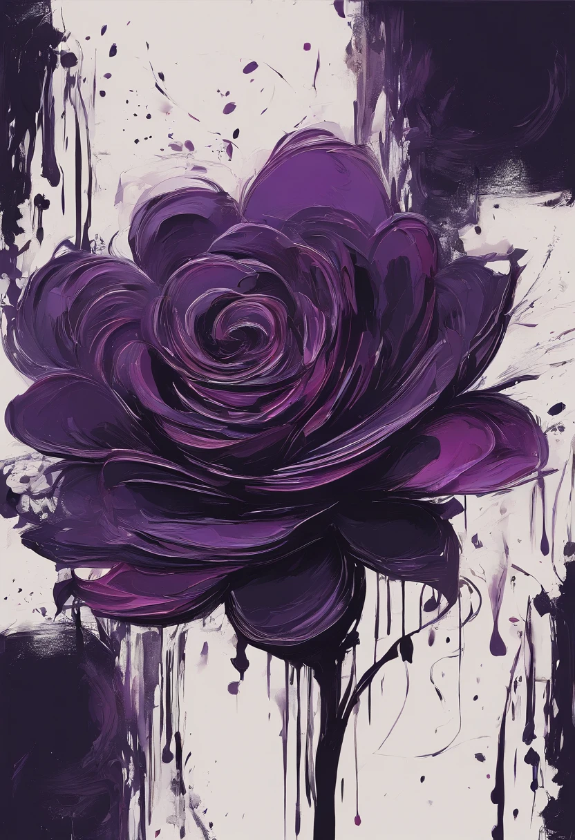 Draw an abstract painting of a single flower.,deep black rose flower、use acrylic paint、Abstract artist known for his unique use of acrylic pouring, real brush strokes，aesthetic composition，Minimal style, heavy controlled strokes、Overwhelming shape、deep mysterious beauty, deep black rose flower、deeply symbolizes feelings of despair and sadness、The main color of the work is a rich, dark purple-based tone.、Add moist compacted sand、Enhances the texture and tactile elements of your artwork, While staring at this image, oot、Interaction of color and texture、feel hopeless、led by despair