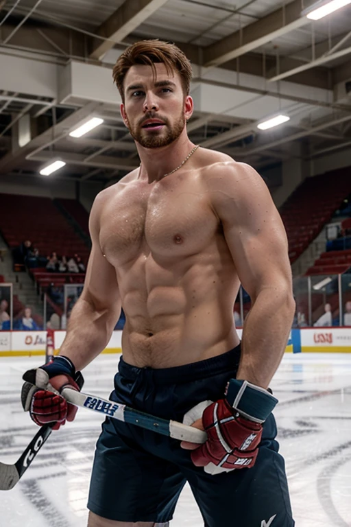 chris evans is a ice hockey player, muscular body, massive bulge, he is in an ice rink