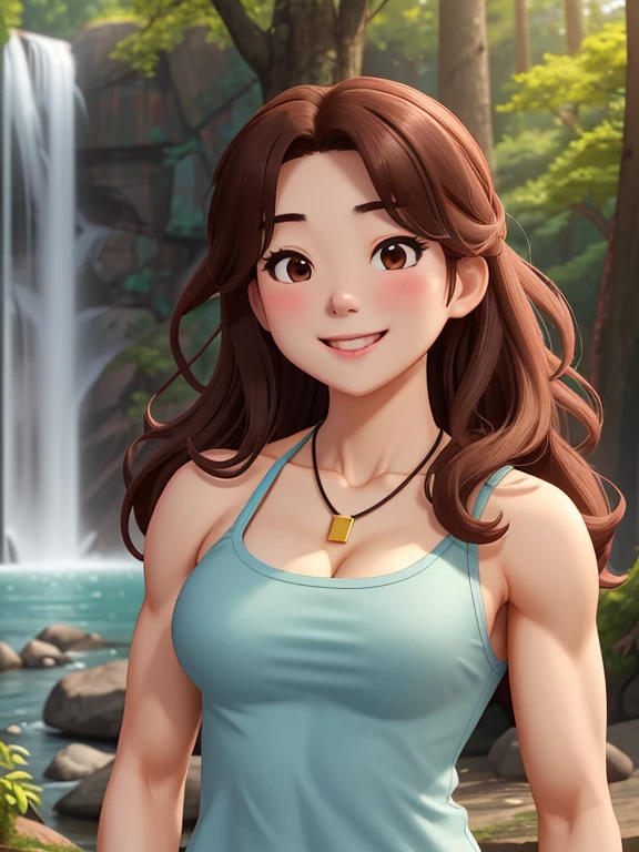 attractive korean woman, ripped muscle, muscular body, small breast, pale skin, smile(blush), camisole, thin necklace, sixpack abs, [ultra detailed skin:1.2], brown hair, long curly hair, 8k uhd, full body, crowd, public, forest, waterfall, standing,