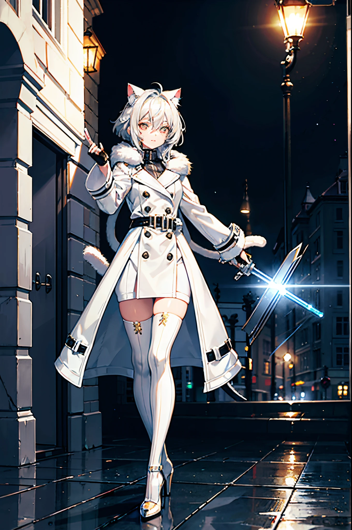 Fluffy silver hair,White striped trench coat,Eye glaslack fingerless gloves,the only person,through bangs,glowing light eyes,half-close eyes,cat ear,the hair,high-heels,lamplight