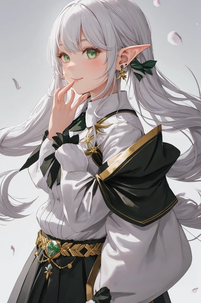 1girl, {{{frieren,o3o }}}, sousou no frieren, tone, shadow, hidari_(left_side), wada arco, hiro_(dismaless), shirabi, dynamic angle, kiss, blowing kiss, earrings, elf, green eyes, jewelry, long hair, looking at viewer, pointy ears, smile, twintails, upper body, white hair, white background, best quality, amazing quality, very aesthetic, absurdres