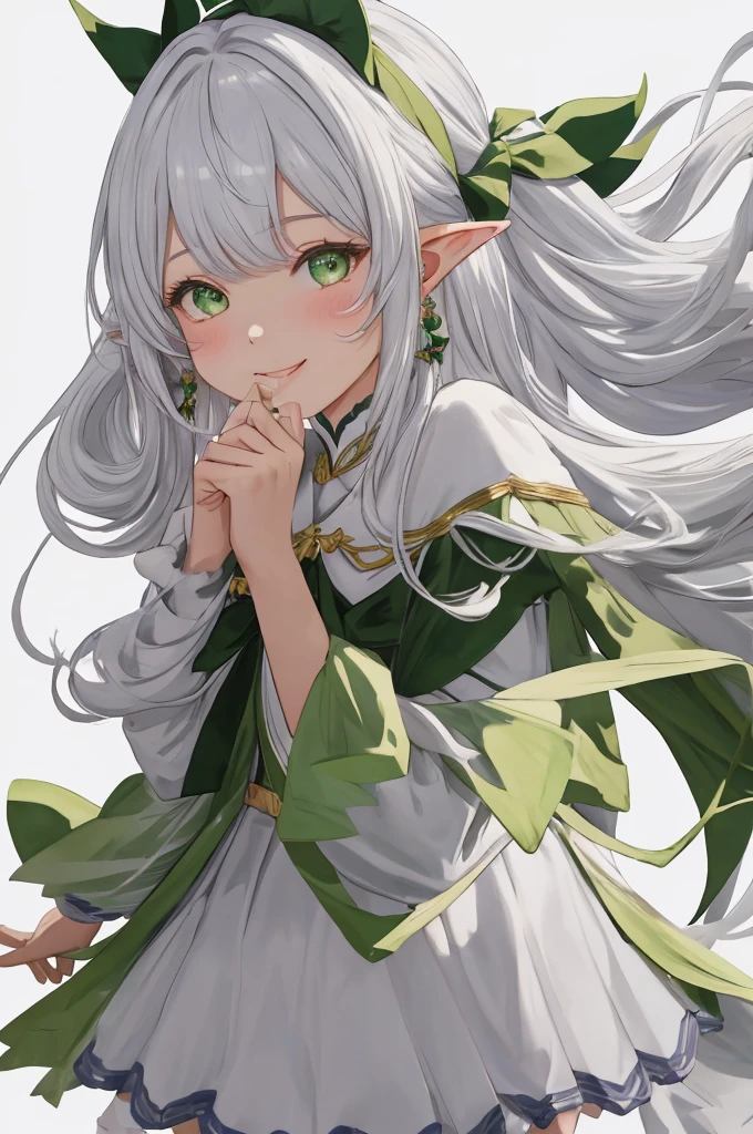 1girl, {{{frieren,o3o }}}, sousou no frieren, tone, shadow, hidari_(left_side), wada arco, hiro_(dismaless), shirabi, dynamic angle, kiss, blowing kiss, earrings, elf, green eyes, jewelry, long hair, looking at viewer, pointy ears, smile, twintails, upper body, white hair, white background, best quality, amazing quality, very aesthetic, absurdres