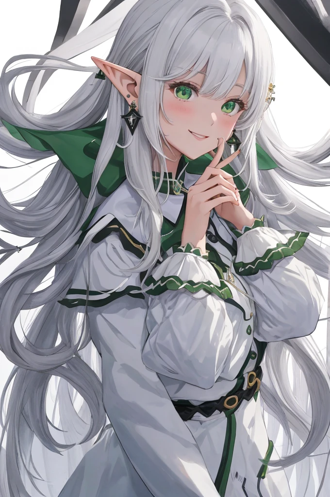 1girl, {{{frieren,o3o }}}, sousou no frieren, tone, shadow, hidari_(left_side), wada arco, hiro_(dismaless), shirabi, dynamic angle, kiss, blowing kiss, earrings, elf, green eyes, jewelry, long hair, looking at viewer, pointy ears, smile, twintails, upper body, white hair, white background, best quality, amazing quality, very aesthetic, absurdres