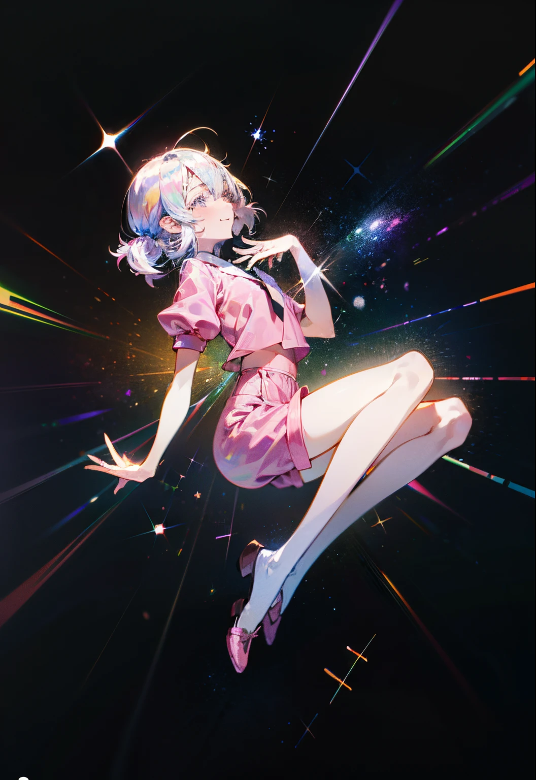 ((in the style of Ichikawa Haruko)), Hauskie is not, The Land of Precious Stones, Original character, ((tmasterpiece)), (((beste-Qualit))), ((ultradetailed)), ((illustartion)), [The light effect of realism], eye shadow, (fantasy style), Simple background, illustartion, 1 girl, side glance, Crystal hair, Glowing Hair, shirt with collar, galaxy, Additional lighting, uniform, tie, puffy short sleeves, Shorts, Smile, puffy short sleeves, Puffy armbands, Shirt, short sleeve, sparkle, Small flat chest, BEAUTIFUL POSE, in full height, Dynamic posture