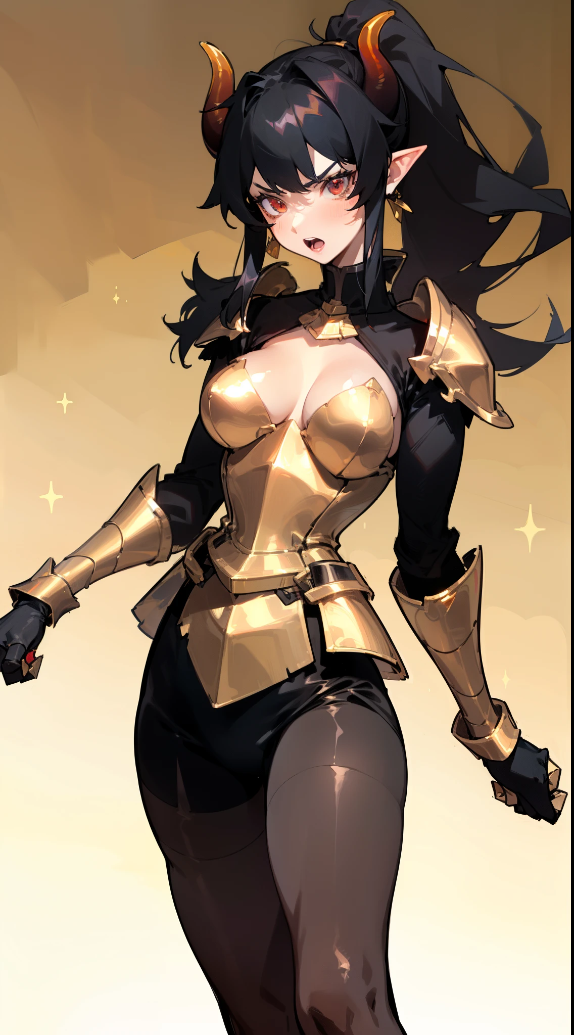 Adult woman, dark purple hair, low ponytail, golden eyes, cat ears, Tight-fitting leather armor, anger, Masterpiece, hiquality