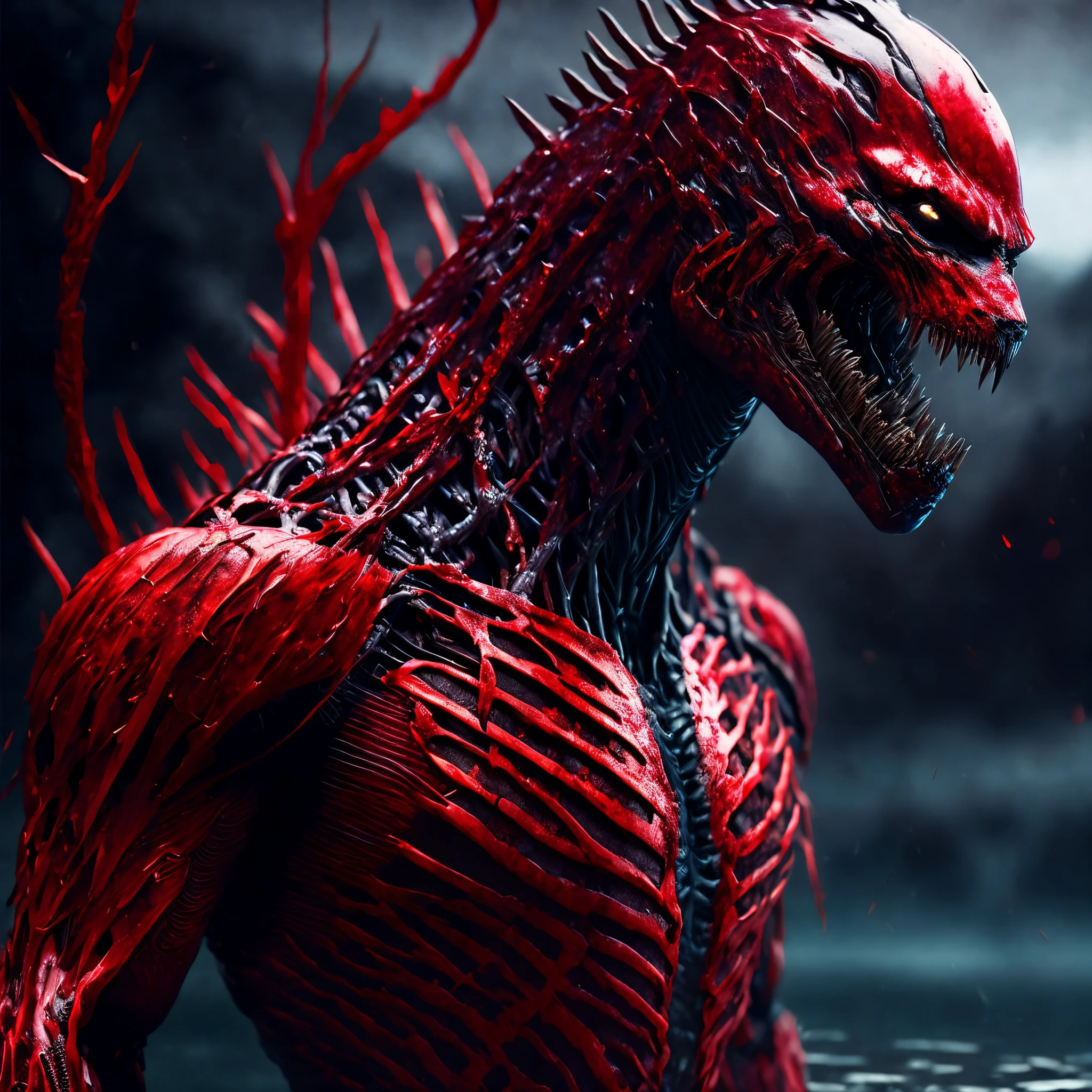 Close-up (Human figure predator made of blood from Marvel in Christmas style: 1.3) emerging from the blood lake, well detailed, volumetric light