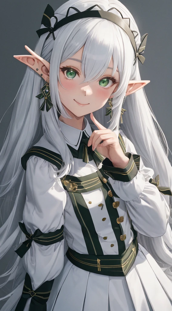 1girl, {{{frieren,o3o }}}, sousou no frieren, tone, shadow, hidari_(left_side), wada arco, hiro_(dismaless), shirabi, dynamic angle, kiss, blowing kiss, earrings, elf, green eyes, jewelry, long hair, looking at viewer, pointy ears, smile, twintails, upper body, white hair, white background, best quality, amazing quality, very aesthetic, absurdres