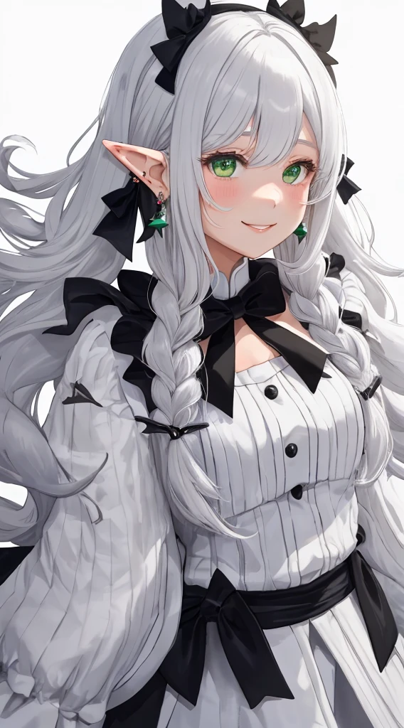 1girl, {{{frieren,o3o }}}, sousou no frieren, tone, shadow, hidari_(left_side), wada arco, hiro_(dismaless), shirabi, dynamic angle, kiss, blowing kiss, earrings, elf, green eyes, jewelry, long hair, looking at viewer, pointy ears, smile, twintails, upper body, white hair, white background, best quality, amazing quality, very aesthetic, absurdres