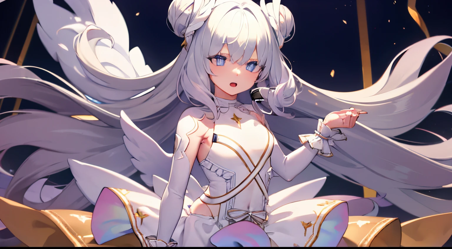 le malin holding a microphone with her two hands and singing, microphone, holding with hands, open mouth, singing
le malin, eyes symbol-shaped pupils, double bun, blue eyes, very long hair, hair bun, bow,white hair, sidelocks, blue hair ribbon, ribbon,
BREAK white _dress, angel_wings, white_legwear, long sleeves, white dress, pleated dress, thighband pantyhose,
BREAK stage,
BREAK looking at viewer, (cowboy shot:1.5),
BREAK (masterpiece:1.2), best quality,beautiful, high resolution, (illustration:0.8), (beautiful detailed eyes:1.6), extremely detailed face, perfect lighting, extremely detailed CG, (perfect hands, perfect anatomy),