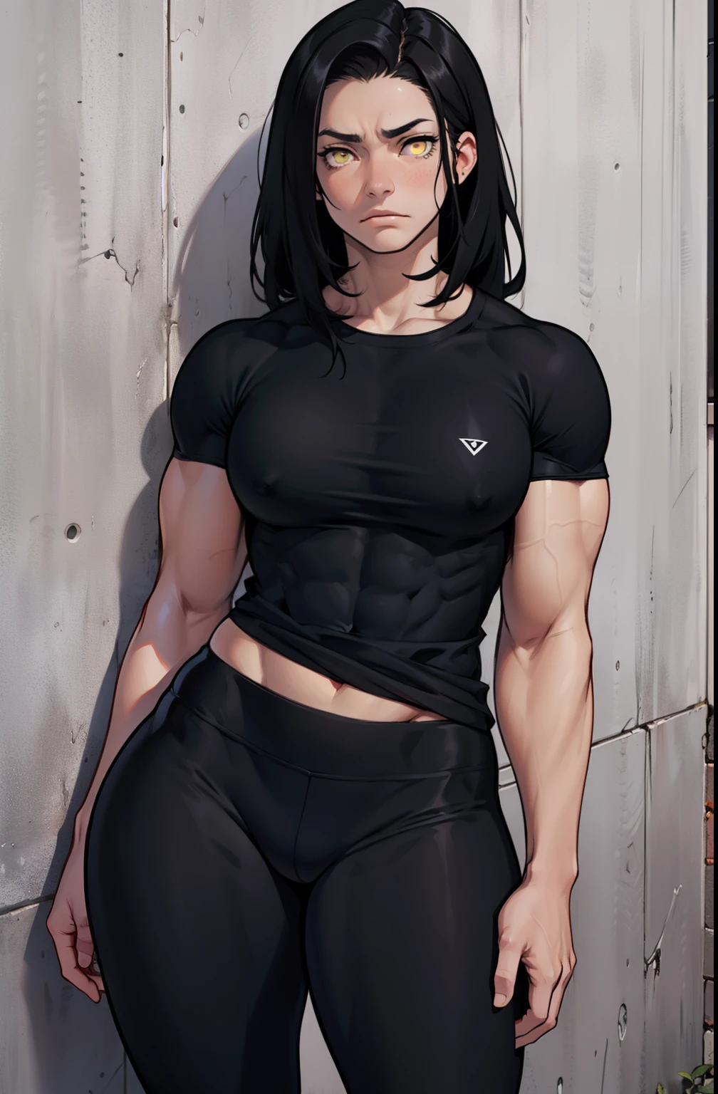 1girl muscular pale skin black hair yellow eyes black against wall sad sad sad sad tight shirt leggings thick thick thick thick muscular muscular muscular muscular muscular girl dark dark