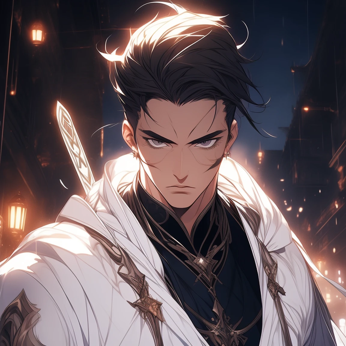 quadratic element,style of anime,One guy(male warrior),proportions are correct,Face details,swordsman,High ponytail hairstyle,Neck details,oda'saint adam'there are apples there,White robe,joke,long white robe,clothes details,surrender,longer sleeves,Game quality,sword fight,Light and shadow tracking,ray traycing,Detailed glow,cg render,hair detail,Cabellos Preto Langero Color Eyes,Handsome,Handsome,(juvenile sense),The costumes are complex,Perfectcomposition,Refinement,high high quality,More detailed,A lot of detail,The background complex,a sense of atmosphere,