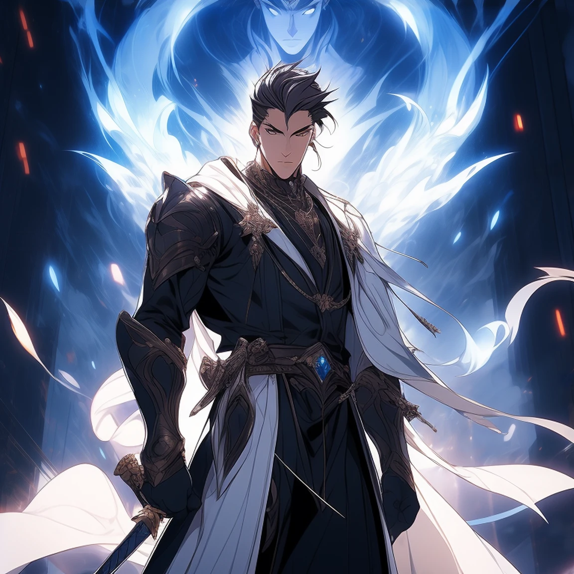 quadratic element，style of anime，One guy（male warrior），proportions are correct，Face details，swordsman，High ponytail hairstyle，Neck details，oda&#39;saint adam&#39;there are apples there，White robe，joke，long white robe，clothes details，surrender，longer sleeves，Game quality，sword fight，Light and shadow tracking，ray traycing，Detailed glow，cg render，hair detail，Cabellos Preto Langero Color Eyes，Handsome，Handsome，（juvenile sense），The costumes are complex，Perfectcomposition，Refinement，high high quality，More detailed，A lot of detail，The background  complex，a sense of atmosphere，