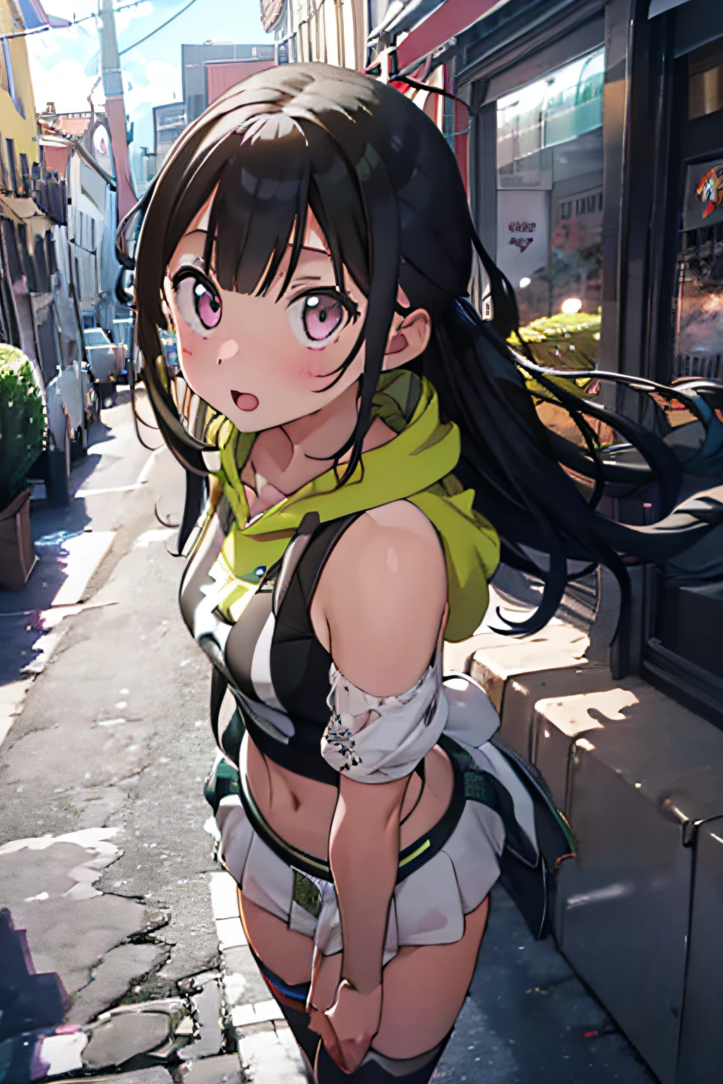 1girl), bottomless, anime style, polished and powerful look, exotic, girl design, mara, portrait, giesha, anime image, with yellow green side tail long hair, showing shoulder, black and green lingerie hoodie, low angle, wide angle lens f/2.8, ultra insane high resolution intricate textures, texture indentation, perfect perspective, perfect geometry, ultra insane ambient lighting, ultra insane ambient shadows, luminism, tessellation, maximalism, perfectionism, IPA Award wining masterpiece, full body