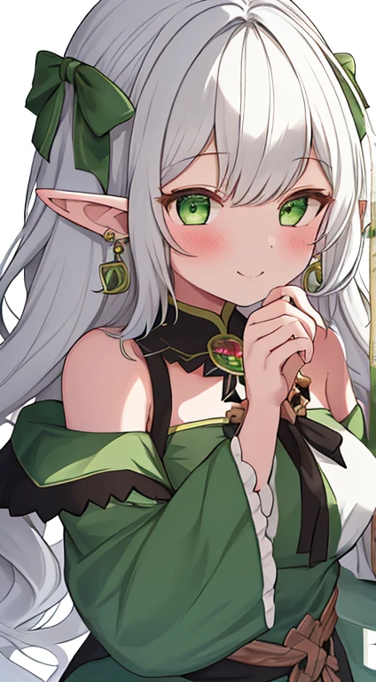 1girl, {{{frieren,o3o }}}, sousou no frieren, tone, shadow, hidari_(left_side), wada arco, hiro_(dismaless), shirabi, dynamic angle, kiss, blowing kiss, earrings, elf, green eyes, jewelry, long hair, looking at viewer, pointy ears, smile, twintails, upper body, white hair, white background, best quality, amazing quality, very aesthetic, absurdres