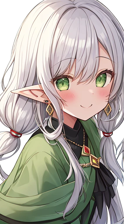 1girl, {{{frieren,o3o }}}, sousou no frieren, tone, shadow, hidari_(left_side), wada arco, hiro_(dismaless), shirabi, dynamic angle, kiss, blowing kiss, earrings, elf, green eyes, jewelry, long hair, looking at viewer, pointy ears, smile, twintails, upper body, white hair, white background, best quality, amazing quality, very aesthetic, absurdres