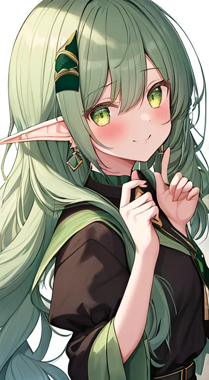 best quality, （masterpiece）, Solitary, 1 Girl,  us_Erindale,Green Eyes, Green Hair, 1 Girl,((Upper Body)),anatomically correct,If the shadow appears,Big ,Solitary, Pointed ears, Elf,angry expression,Bulging mouth， Pout ，shy，blush，Stare at this person，Lean forward，looking into camera，