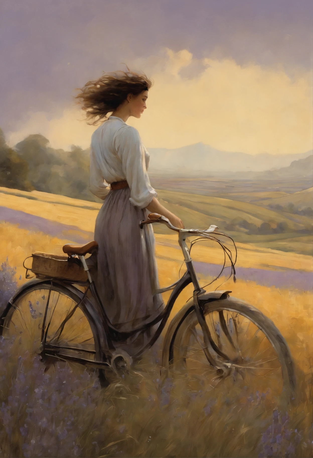 真实感, dark fantasy style, John Tolkien style, Small painting by Jean-Baptiste Monge, soft facial features woman smiling broadly, mischievous character, laughting, Rocker Girl, Looking into the distance, the idiot smiles, long wavy darkbrown hair, dark brown hair fluttering in the wind, stands in the center of a lavender field, in a short shirt....., short jeans, in shorts, mischievous character, standing next to the bike, Rainbow in the sky, Lavender field, stands in the center of a lavender field, , the wind, Jean-Baptiste Monge, anthropomorphic --ar 2:3 --testp -optimistic;
