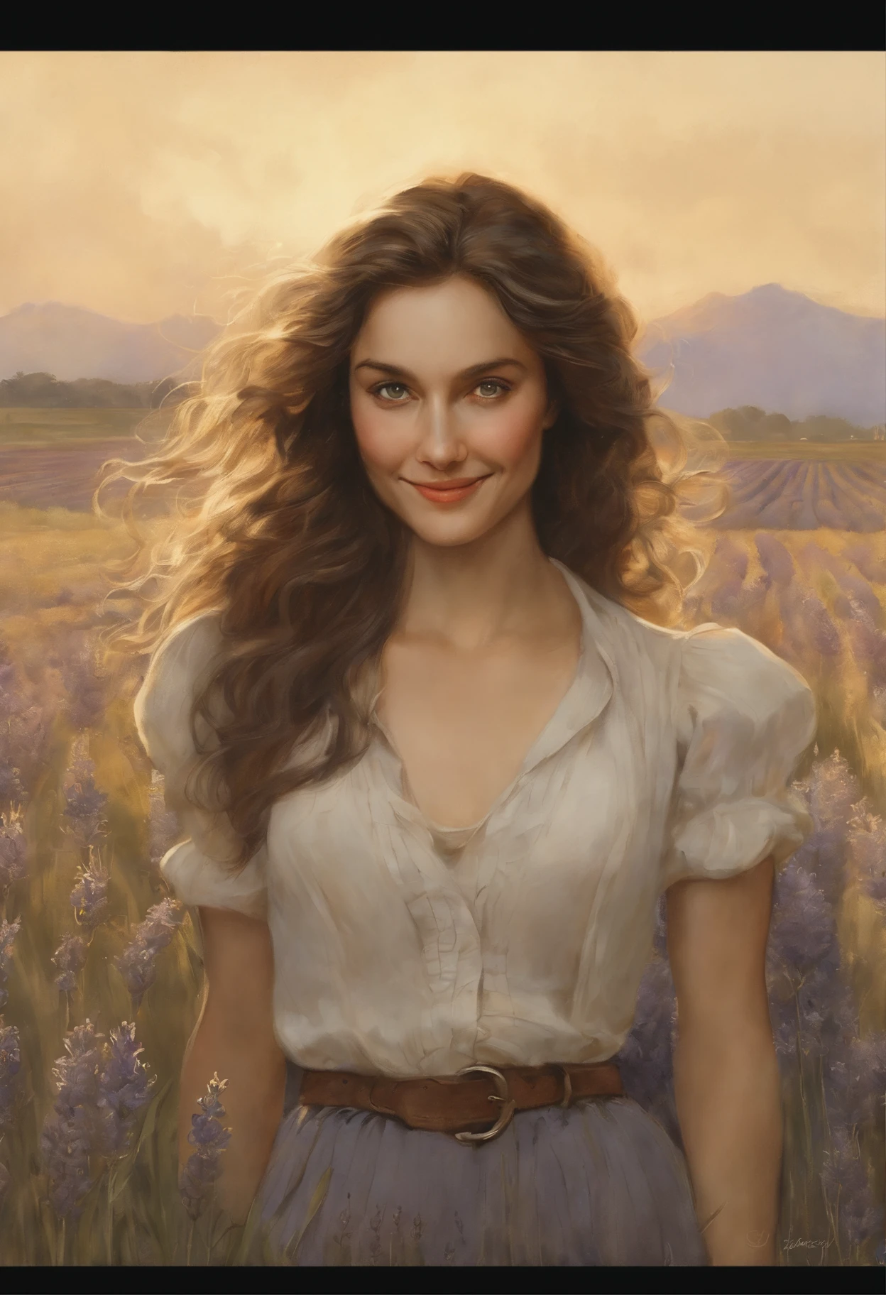 真实感, dark fantasy style, John Tolkien style, Small painting by Jean-Baptiste Monge, soft facial features woman smiling broadly, mischievous character, laughting, Rocker Girl, Looking into the distance, the idiot smiles, long wavy darkbrown hair, dark brown hair fluttering in the wind, stands in the center of a lavender field, in a short shirt....., short jeans, in shorts, mischievous character, standing next to the bike, Rainbow in the sky, Lavender field, stands in the center of a lavender field, , the wind, Jean-Baptiste Monge, anthropomorphic --ar 2:3 --testp -optimistic;
