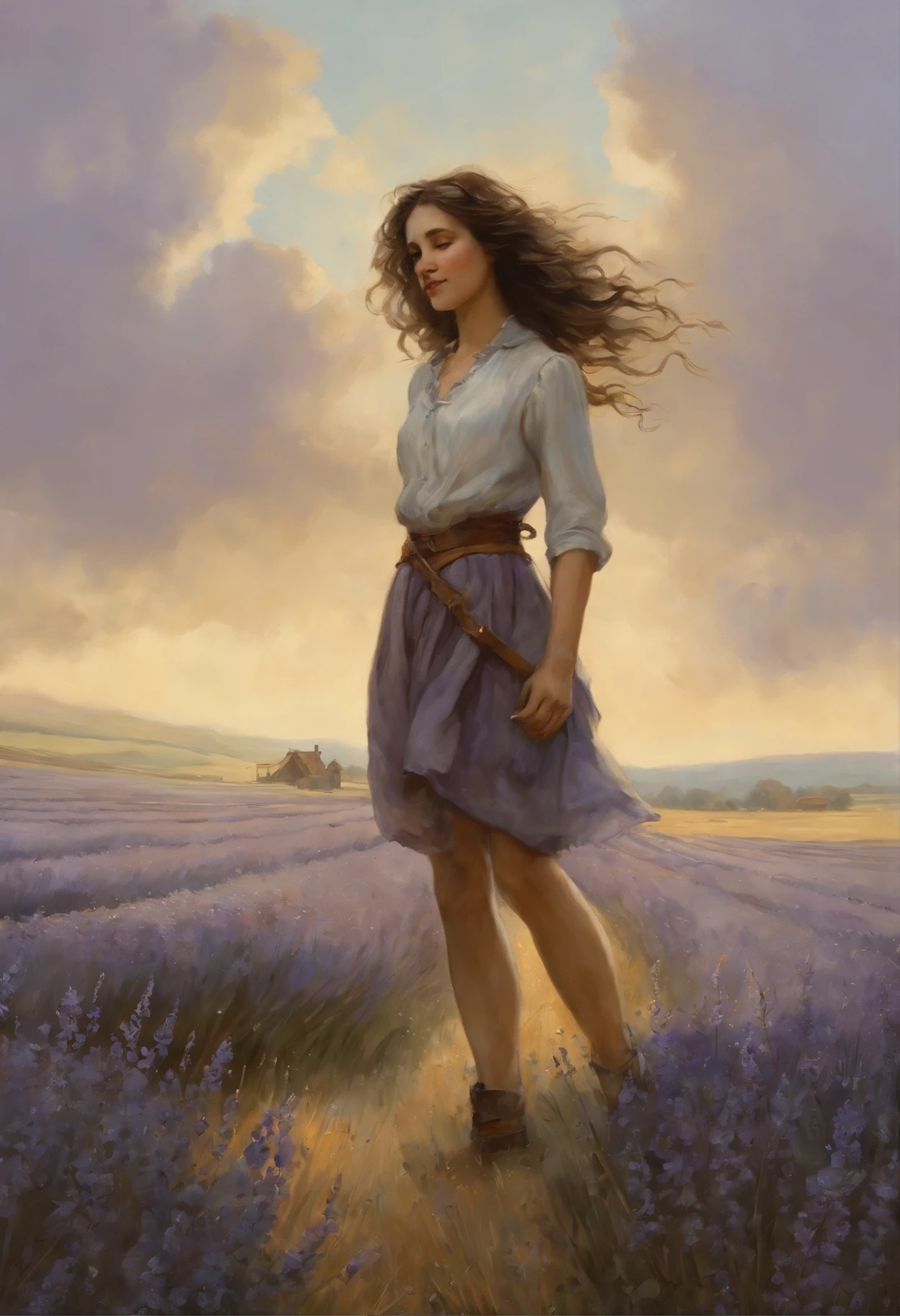 真实感, dark fantasy style, John Tolkien style, Small painting by Jean-Baptiste Monge, soft facial features woman smiling broadly, mischievous character, laughting, Rocker Girl, Looking into the distance, the idiot smiles, long wavy darkbrown hair, dark brown hair fluttering in the wind, stands in the center of a lavender field, in a short shirt....., short jeans, in shorts, mischievous character, standing next to the bike, Rainbow in the sky, Lavender field, stands in the center of a lavender field, , the wind, Jean-Baptiste Monge, anthropomorphic --ar 2:3 --testp -optimistic;