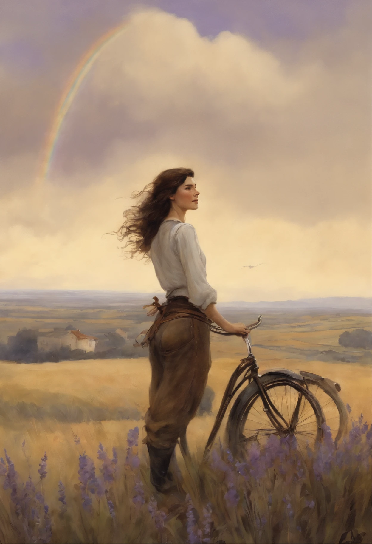 真实感, dark fantasy style, John Tolkien style, Small painting by Jean-Baptiste Monge, soft facial features woman smiling broadly, mischievous character, laughting, Rocker Girl, Looking into the distance, the idiot smiles, long wavy darkbrown hair, dark brown hair fluttering in the wind, stands in the center of a lavender field, in a short shirt....., short jeans, in shorts, mischievous character, standing next to the bike, Rainbow in the sky, Lavender field, stands in the center of a lavender field, , the wind, Jean-Baptiste Monge, anthropomorphic --ar 2:3 --testp -optimistic;