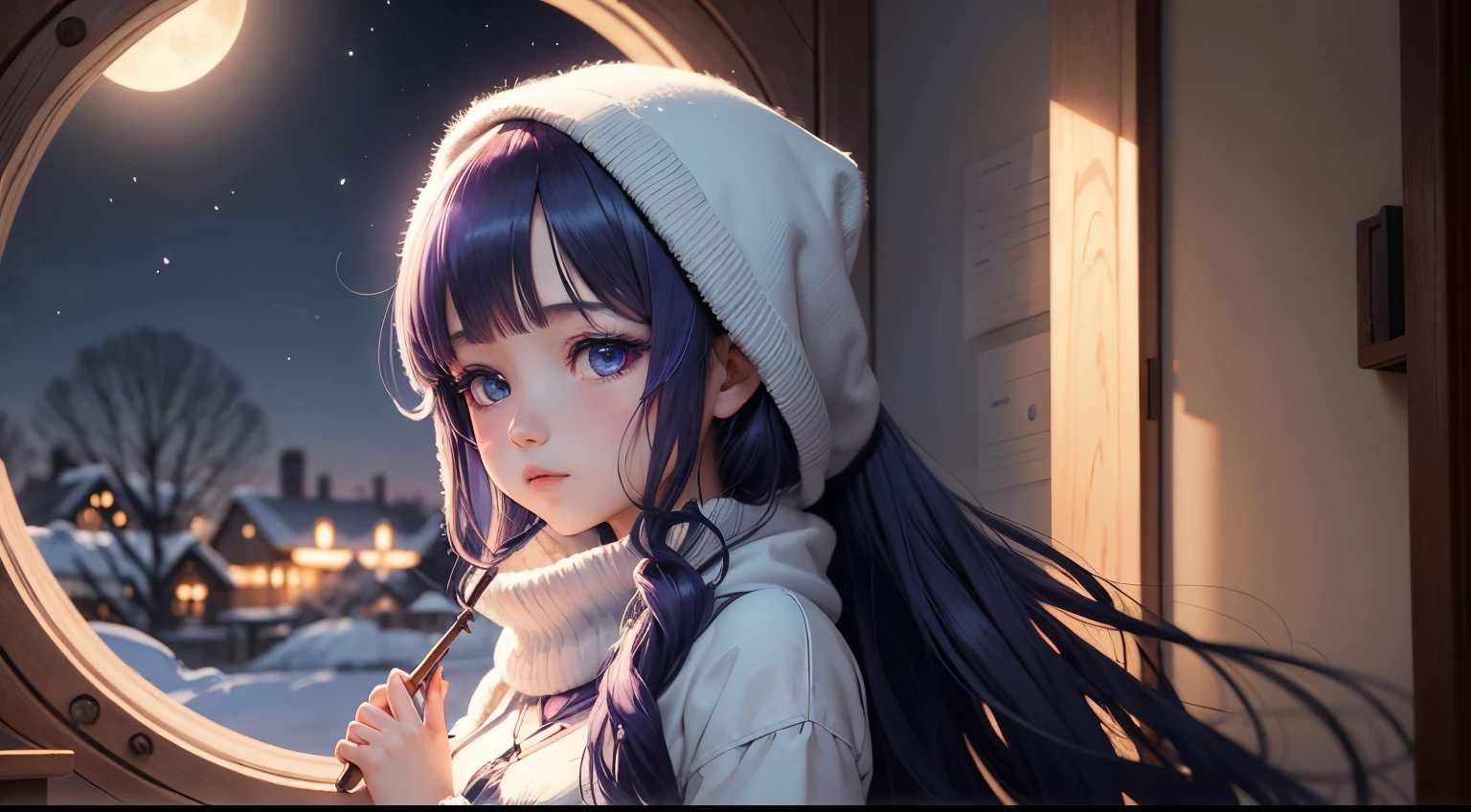 "Moonlit Melodies": Anime girl and a winter serene moonlit scene with calming blues and purples.