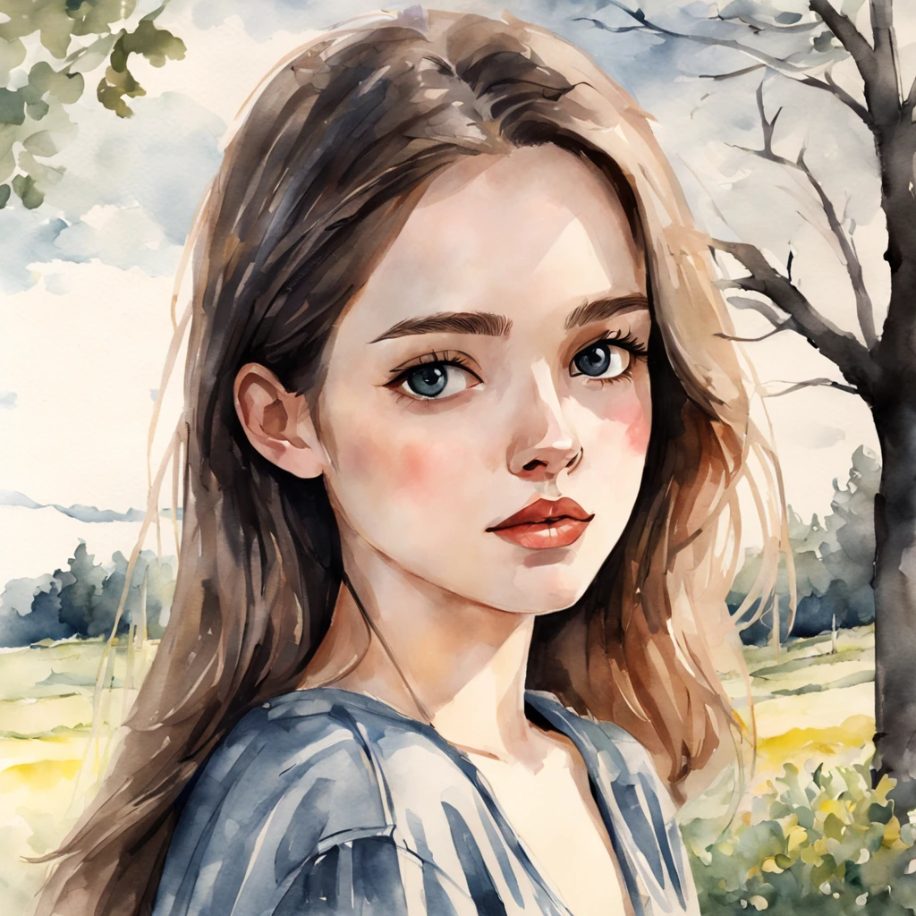 A realistic photo of watercolor and ink illustration style, It's not a girl — it's a disaster. I'm with someone like her-no way, never. She's a strange girl, but I'm proud of her. I will never fall in love with anyone else, delicate brushstrokes, serene countryside in the background, subtle facial features, captivating eyes, flawless skin with subtle texture, barely visible pores, soft lighting, 8k uhd, dslr, high quality, film grain