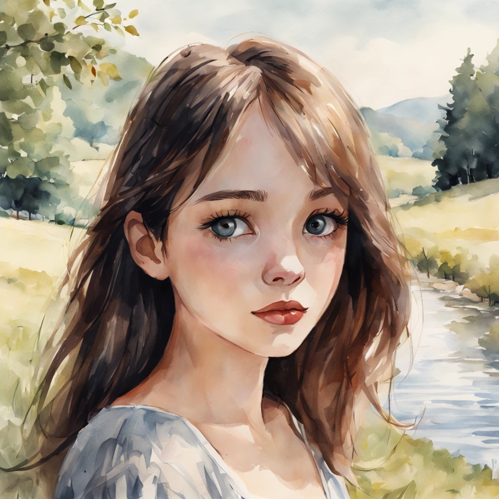 A realistic photo of watercolor and ink illustration style, It's not a girl — it's a disaster. I'm with someone like her-no way, never. She's a strange girl, but I'm proud of her. I will never fall in love with anyone else, delicate brushstrokes, serene countryside in the background, subtle facial features, captivating eyes, flawless skin with subtle texture, barely visible pores, soft lighting, 8k uhd, dslr, high quality, film grain