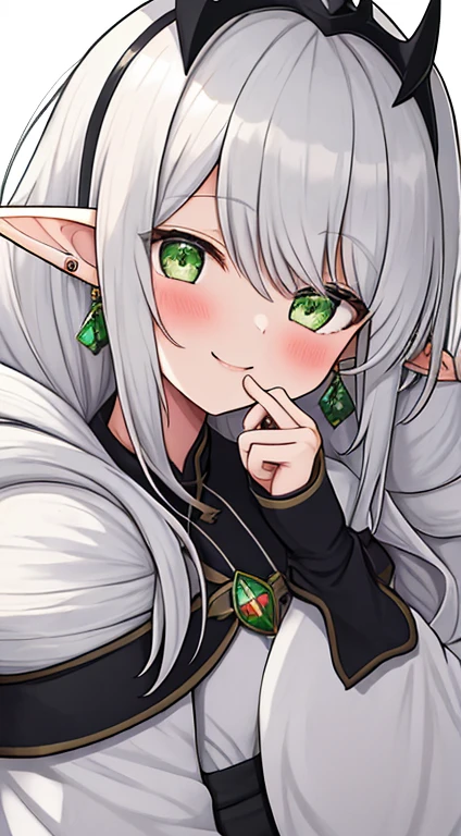 1girl, {{{frieren,o3o }}}, sousou no frieren, tone, shadow, hidari_(left_side), wada arco, hiro_(dismaless), shirabi, dynamic angle, kiss, blowing kiss, earrings, elf, green eyes, jewelry, long hair, looking at viewer, pointy ears, smile, twintails, upper body, white hair, white background, best quality, amazing quality, very aesthetic, absurdres