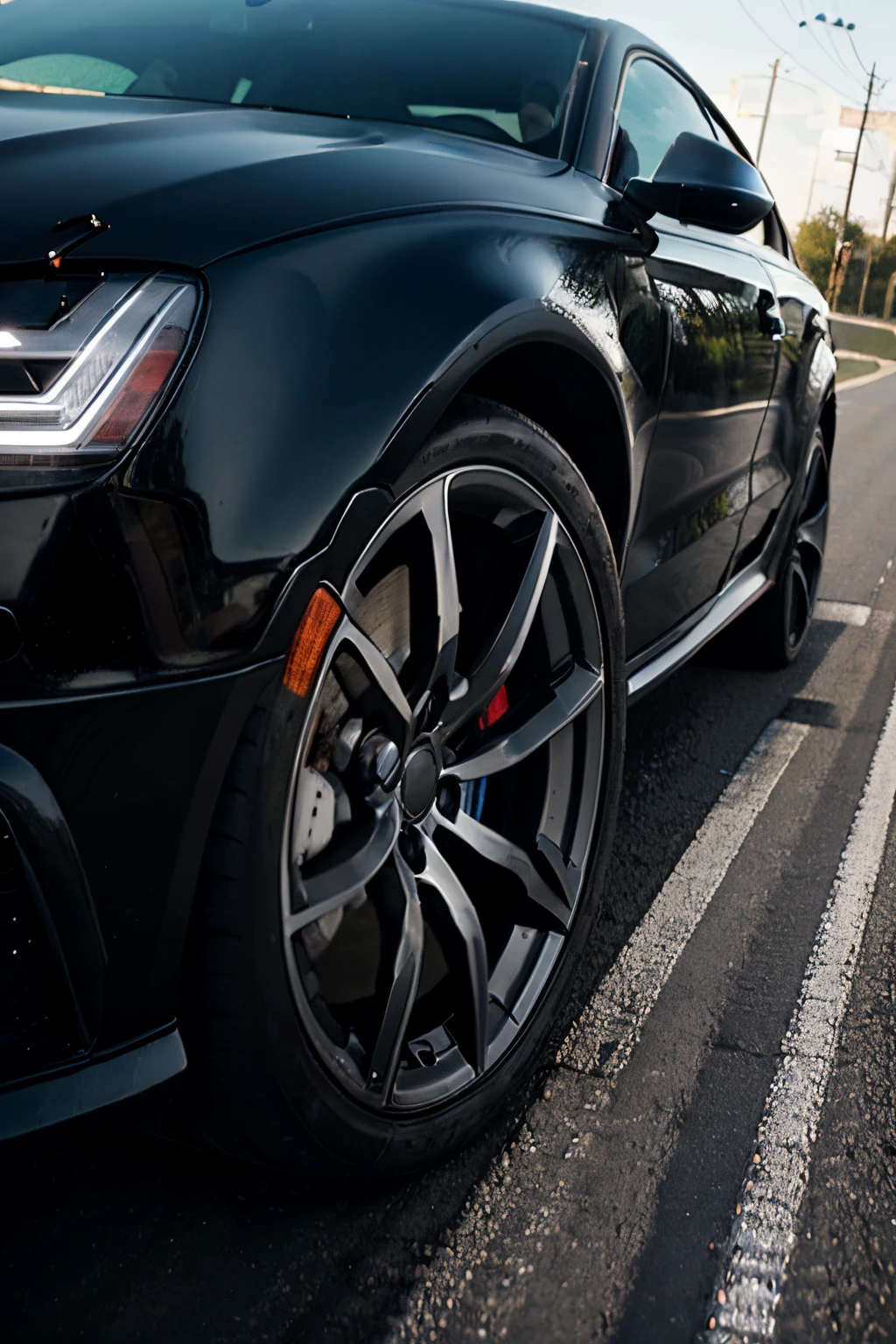 A man changing a flat tire of a black audi rs6 on the road