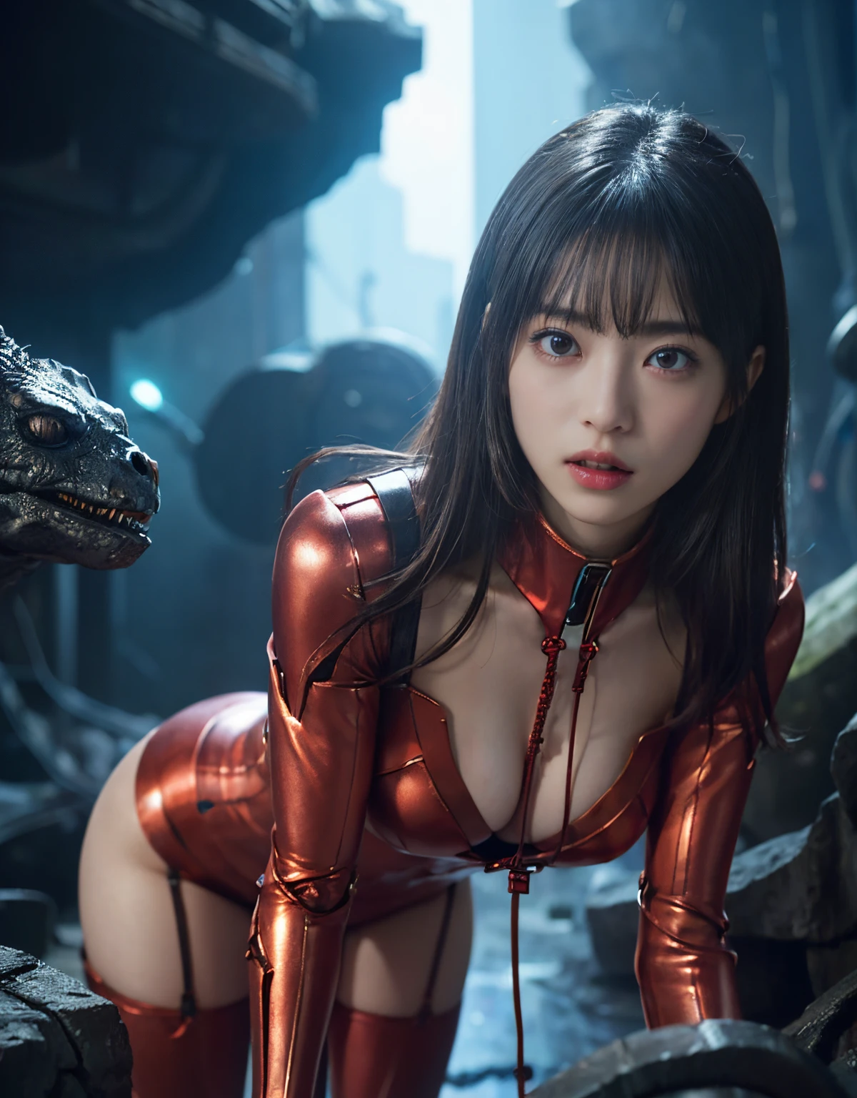 (1 Mechanical Girl)、（Mystical expression）、top-quality、​masterpiece、超A high resolution、(Photorealsitic:1.4)、Raw photo、***1人、glowy skin、(((1 Mechanical Girl)))、（Red Metal Bodysuit）、(alien background、Fierce battle with Osite、Fierce battle with alien night monster cliff background)、(Small LED)、((super realistic details))、vertical giant monster background),globalillumination、Shadow、octan render、8K、ultrasharp、Colossal tits、Raw skin exposed in the cleavage、red metal、Details of complex ornaments、Japan details、highly intricate detail、Realistic light、(Mystical expression),CG Society Trenlow Eyes、Eyes shining towards the camera、Mechanical marginal blood vessels connected to neon detail tubes)、(Wires and cables connecting to the head)、Small LED、,Mechanical thighs、Toostock、（Hands are also made of machines.traces on the cliff）、机器人、future alien、