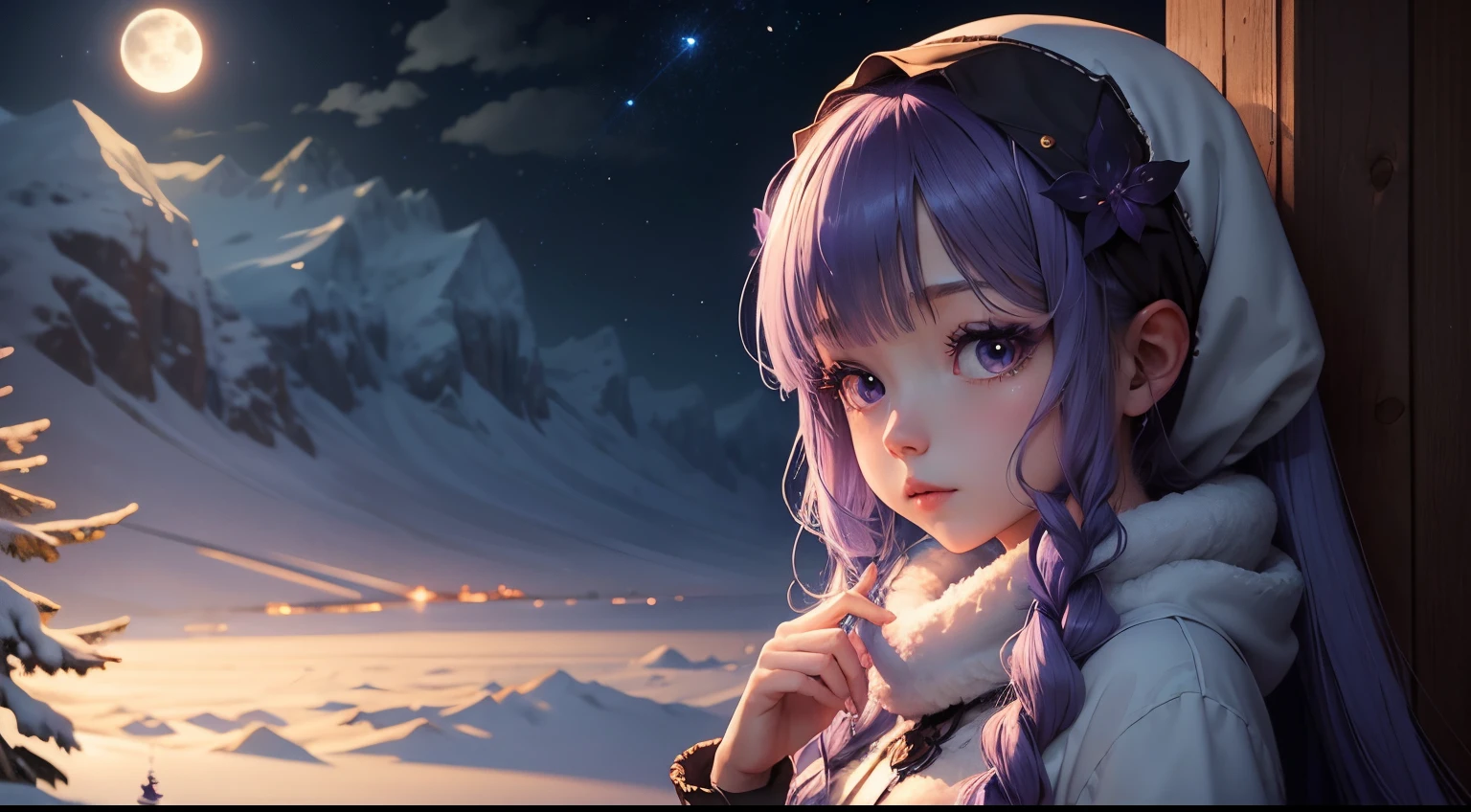 "Moonlit Melodies": Anime girl and a winter serene moonlit scene with calming blues and purples.