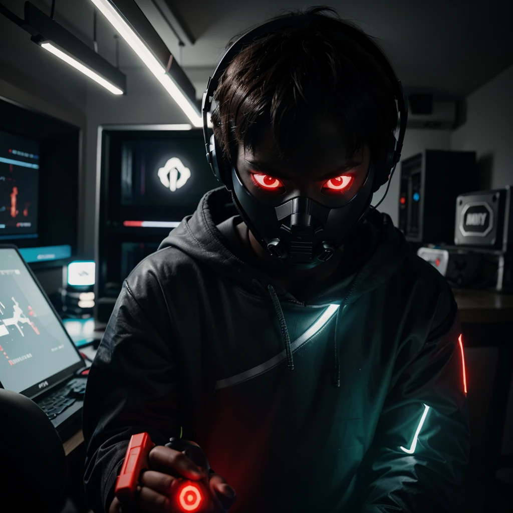A gamer boy,wearing lighted mask,holding gun,headset on his head,eyes red,glow of his gaming PCs in the back