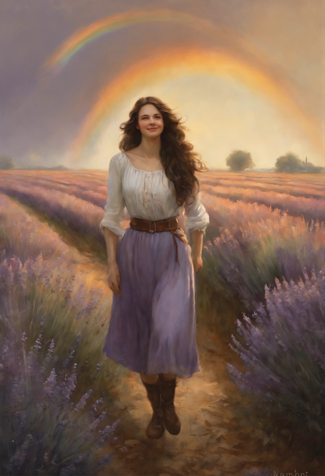 真实感, dark fantasy style, John Tolkien style, Small painting by Jean-Baptiste Monge, soft facial features woman smiling broadly, mischievous character, laughting, Rocker Girl, looking at away, idiot smiles, long wavy darkbrown hair, dark brown hair fluttering in the wind, stands in the center of a lavender field, in a short shirt....., wearing shorts, in shorts, mischievous character, Standing next to a bicycle, Rainbow in the sky, Lavender field, stands in the center of a lavender field, , the wind, Jean-Baptiste Monge, anthropomorphic --ar 2:3 --testp -optimistic;