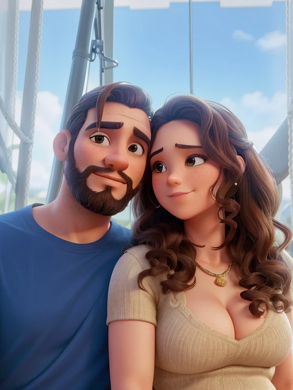 casal apaixonado, sentado em uma roda gigante, homem moreno, com barba, cabelo liso, cabelo curto, mulher morena, cabelo enrolado, morena, cabelo um pouco a baixo dos ombros, melhor qualidade, homem de camiseta azul escuro, mulher de camiseta regata de cor bege, casal olhando para frente, seios pequenos da mulher, homem de cabelo e de barba preta, mulher com o cabelo mais enrolado