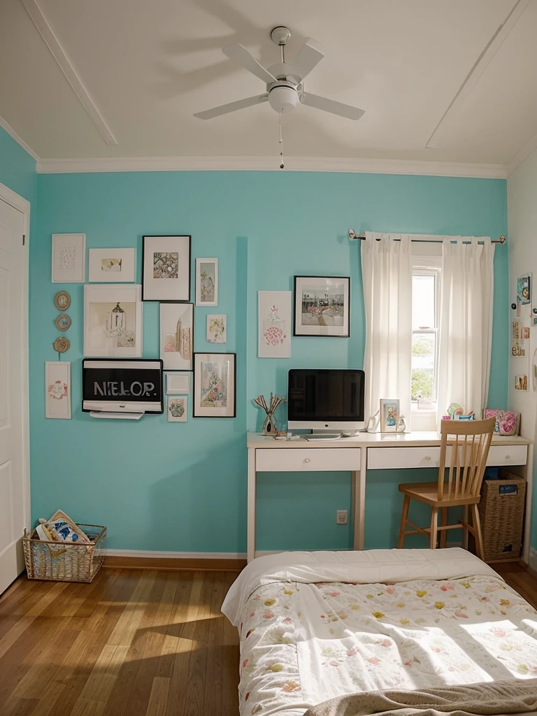 create a bedroom designe it looks like creative place .it for 16 years girl .give me images of four sides
