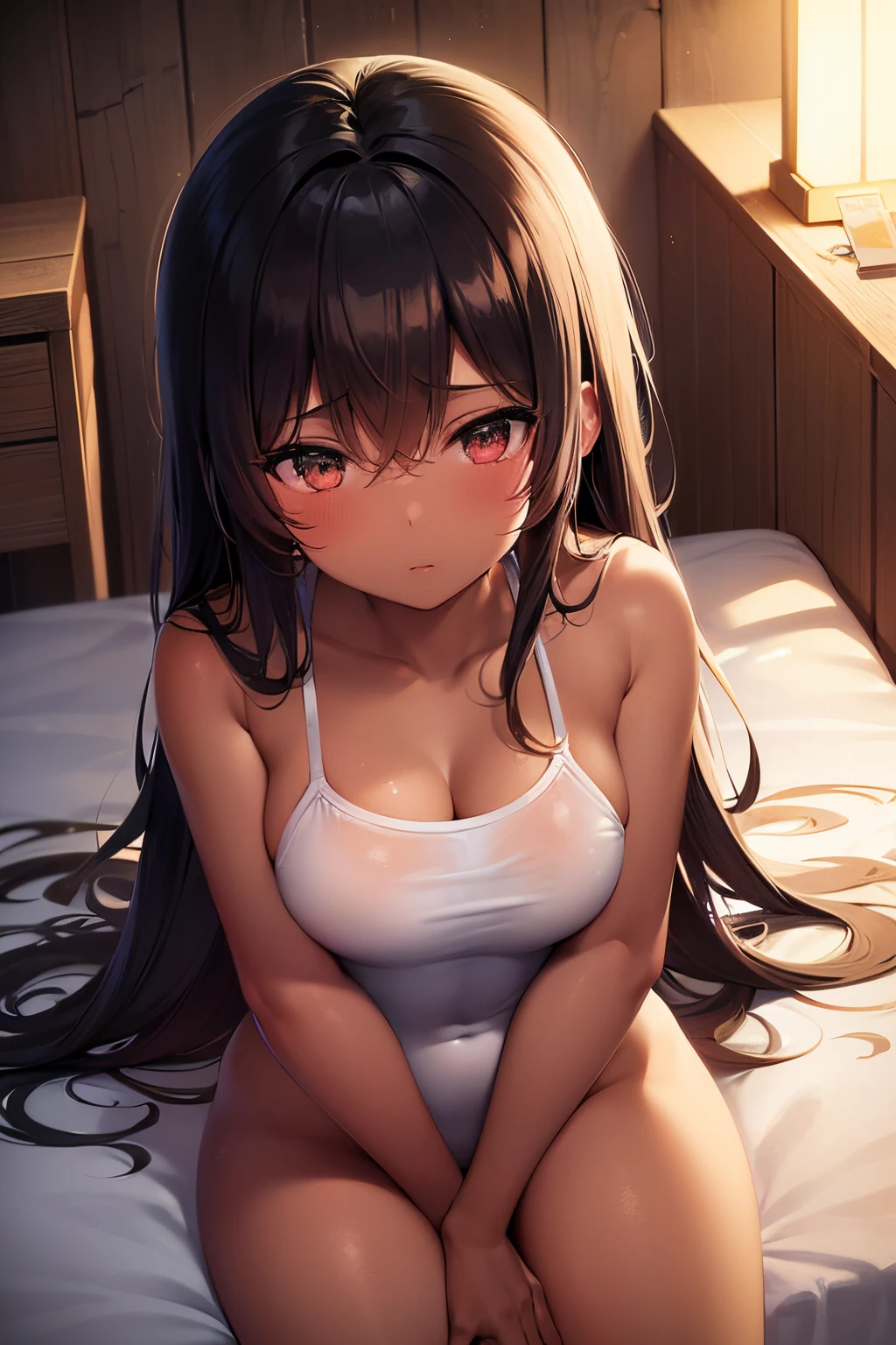 (wheat-colored skin), (tanned skin), (Suntanned skin), (((Highschool Swimsuit))), (((competitive swimwear))), ((Authentic shiny skin texture)), ((Soaked skin)), ((radiant skin)), bed, bed room, (Sit on the bed), (((((night))))), (((((darkened room))))), one girl, black hair, medium breasts, thighs, verge of tears, (swet), (wet skin), (wet clothes), ((erotic)), ((sensual)), (simple background), (Close-up of a girl), cinematic lighting, beautiful detailed girl, beautiful detailed glow, 4K illustration, masterpiece, best quality, by top artist, by famous artist, by plo artist,