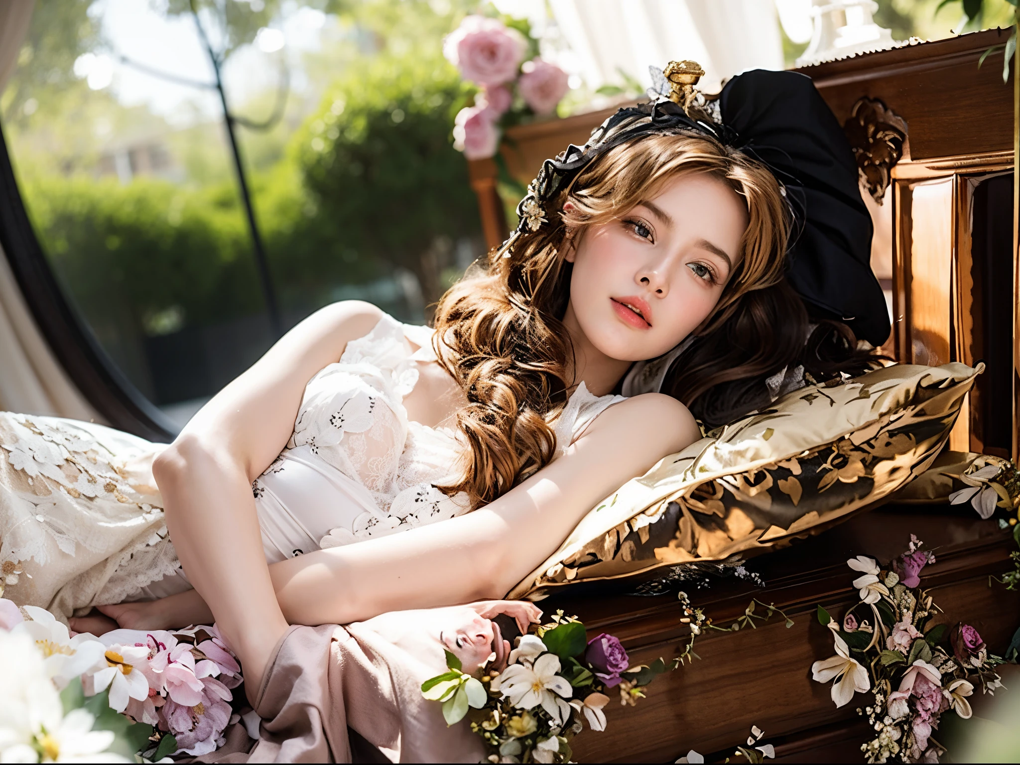 There is a woman lying in bed holding a pillow, Lovely languid princess, girl in a bed of flowers, sleeping beauty fairy tale, Works inspired by Konstantin Somov, Lying on a pillow, beautiful victorian woman, Gorgeous Woman, Young blonde woman, laying in bed, pale-skin, Curly hair, gorgeous lady, The woman is very tired, laying in bed