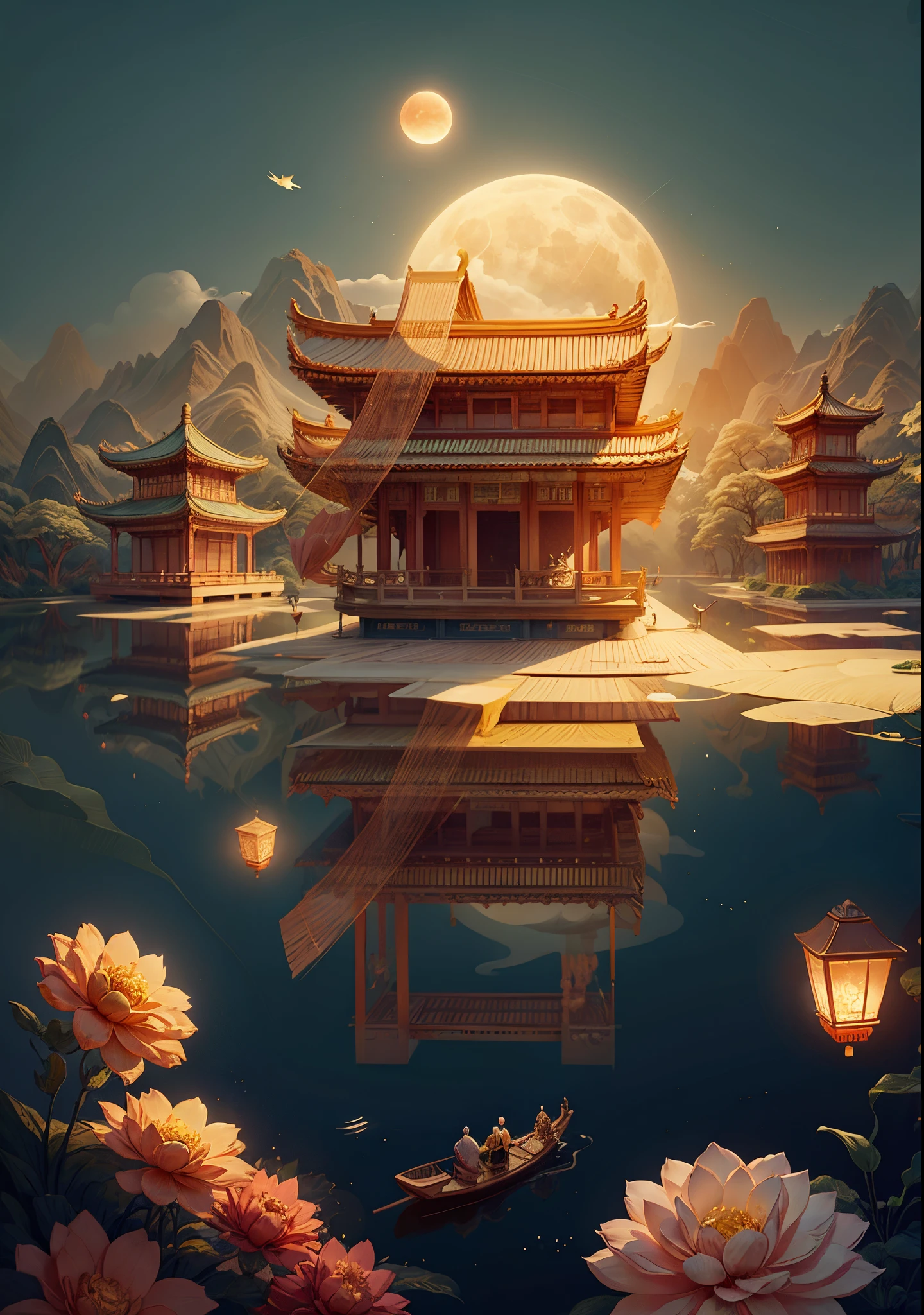 high pavilion palace, without humans, (large moon)，an osmanthus tree，White rabbit，lanterns，palaces，​​clouds, Chinese,Ivory Gold AI, tmasterpiece,Super refined,solid,super rich,ultra - detailed,32K