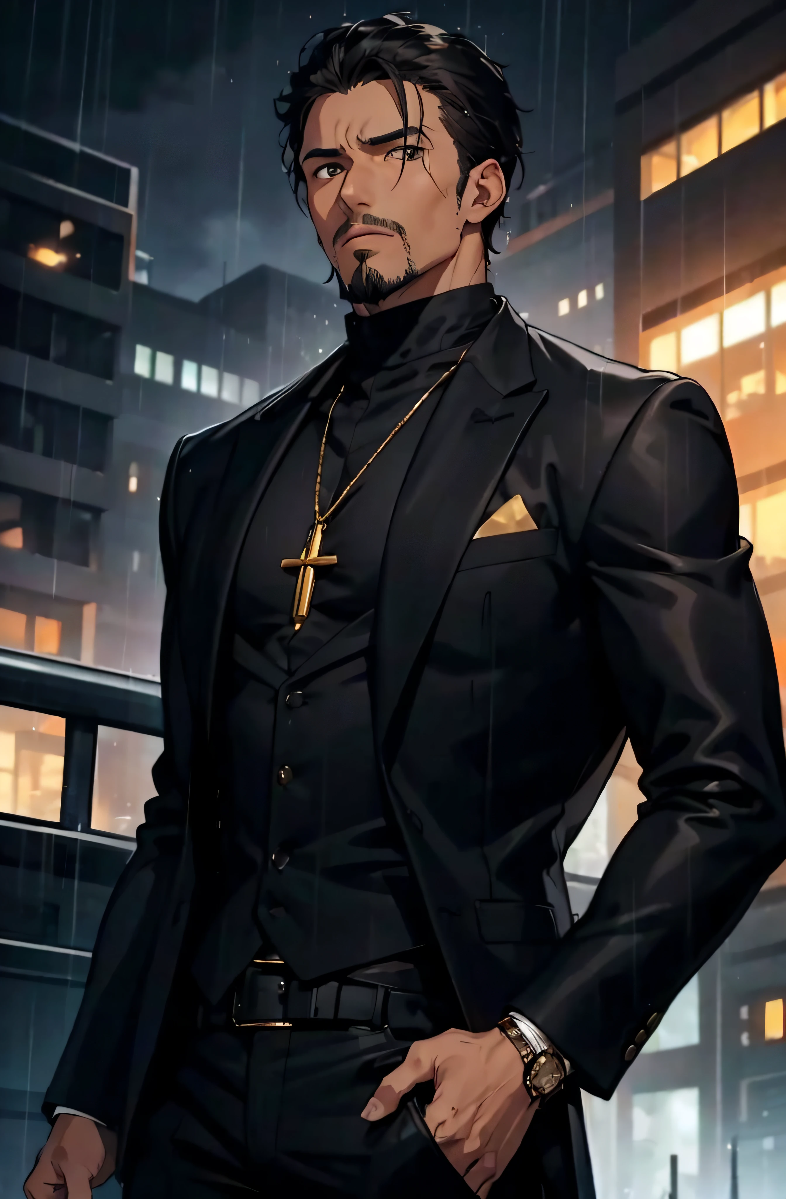 Man, 34 anos, marrom, olhos castanhos, cabelo preto curto, (cavanhaque), (veste um terno preto), golden cross pendant around neck, In a futuristic city, In the rain