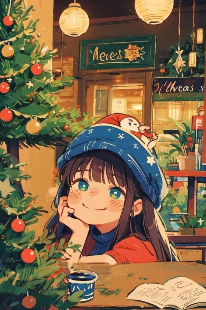 An anime illustration of me sitting outdoors, at a Chinese cafe, enjoying a solitary Christmas coffee, relaxed, festive, happy, content