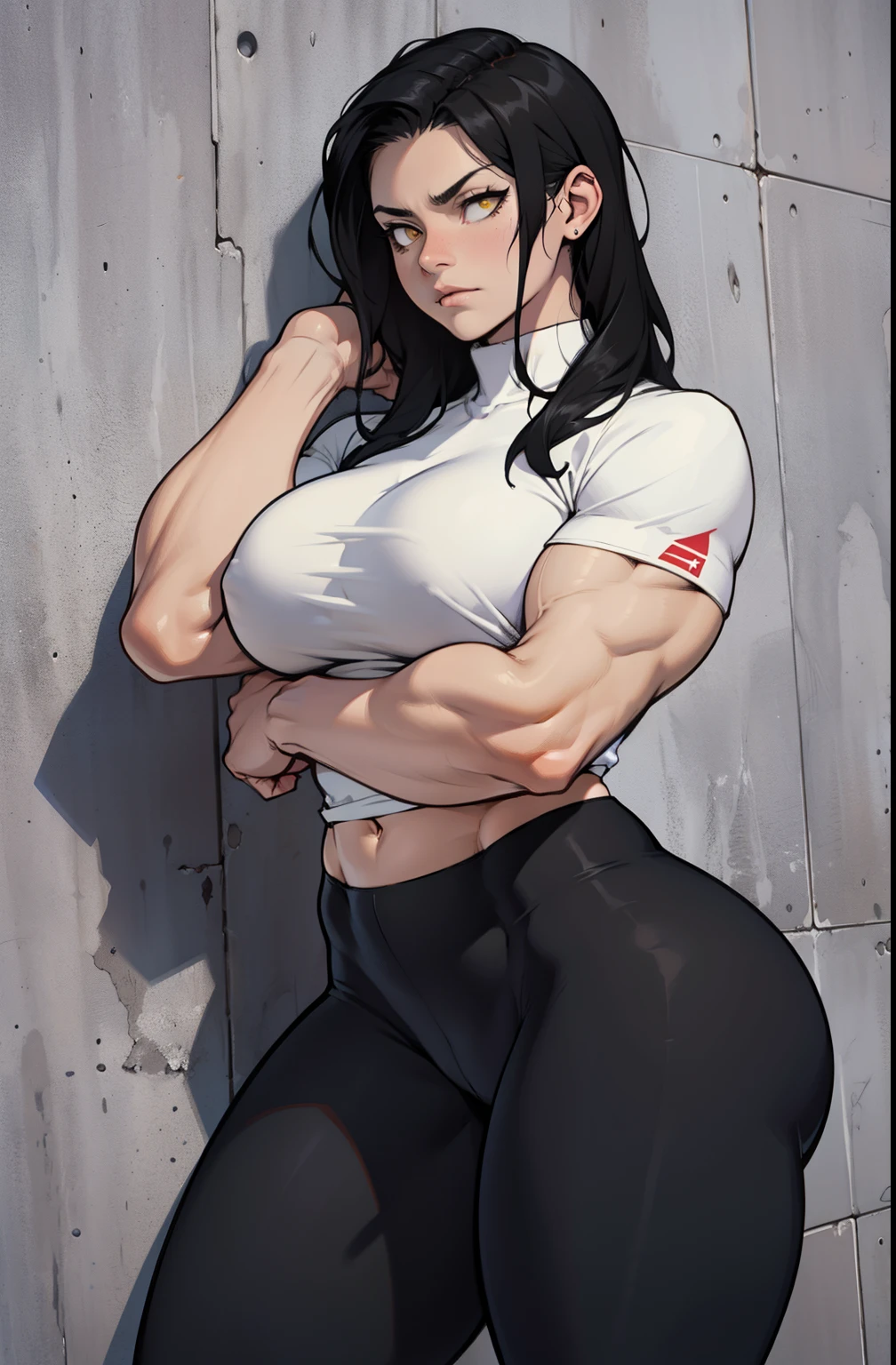 1girl muscular pale skin black hair yellow eyes black against wall sad expressionless tight shirt leggings thick thick thick thick muscular muscular muscular muscular muscular girl dark dark