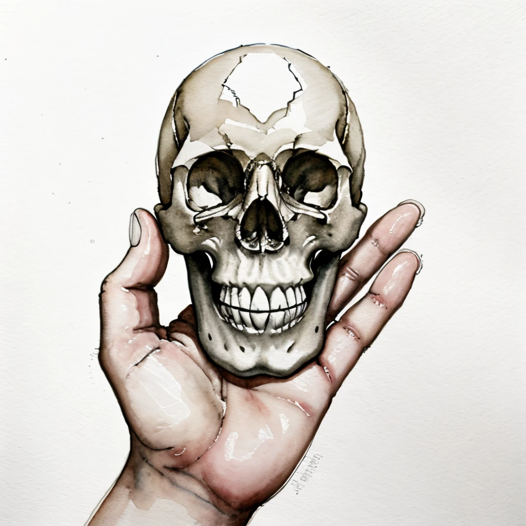 One hand holding a skull hand watercolor